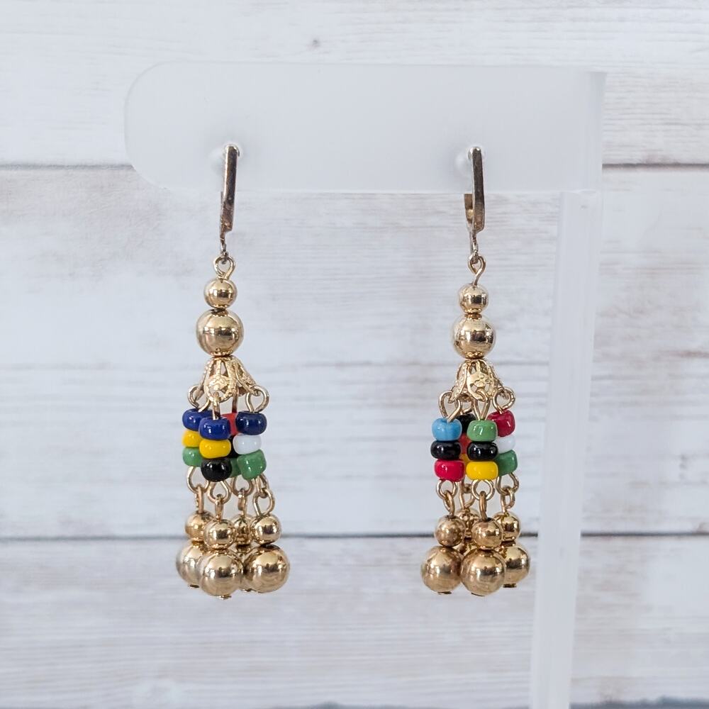 Vintage Screw On Earrings Long Gold Tone & Multi Color Dangle
